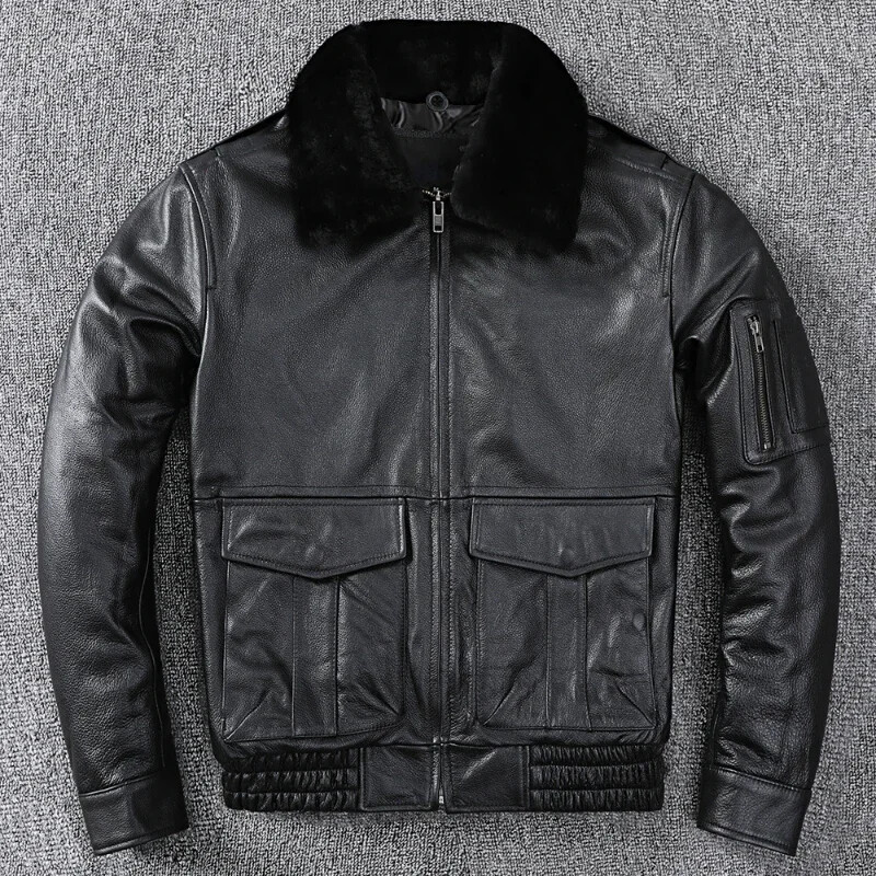 Men's Vintage Leather Bomber Jacket Fur Collar Black Size Men's Vintage Leather Bomber Jacket Fur Collar Black Size