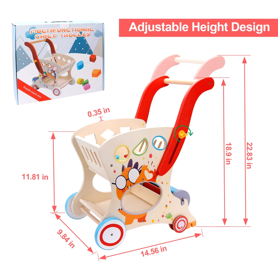 Wooden Shopping Cart Toy for Toddler Kids Baby Push Walke  for 1-3 Shape Sorting - Image 4 of 4