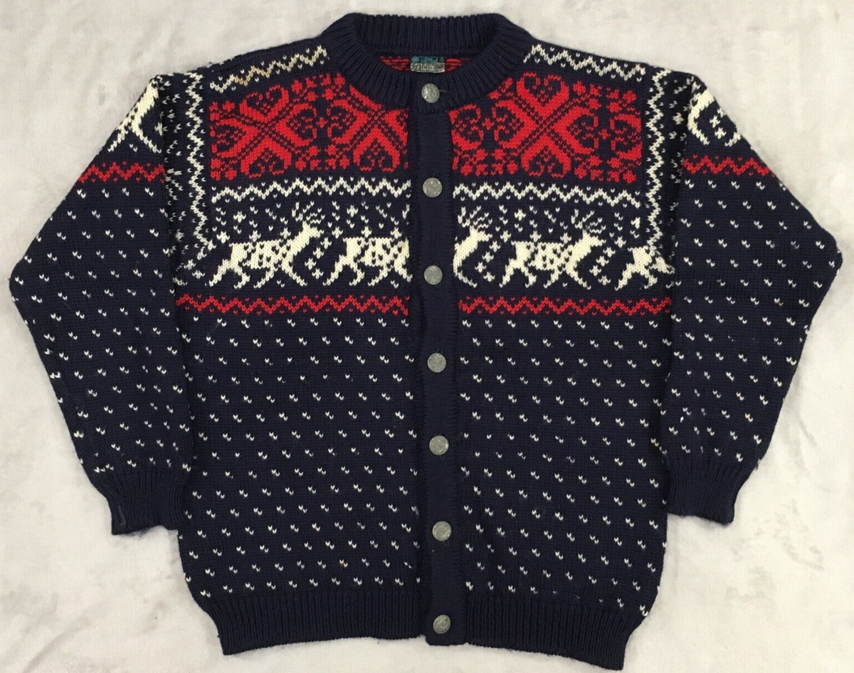 Dale Of Norway mens vintage Navy Red Elk Wool Sweater Cardigan