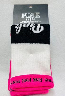 2 PAIRS Victoria's Secret Pink PINK WHITE Logo Knee High Socks Sport Run Varsity