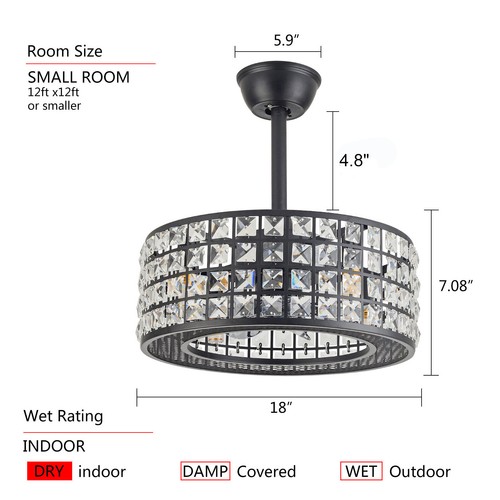 18" Industrial Black Crystal Fan Chandelier & Remote and Light Ceiling Mounted! - Picture 8 of 8