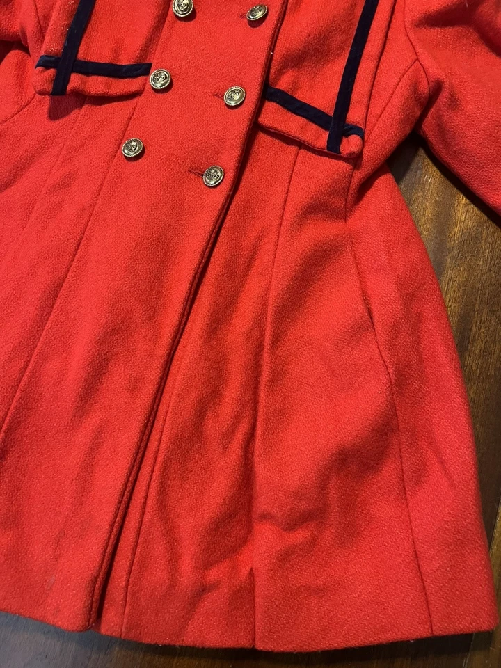 Vintage Girls Rothschild Wool Coat Red with Navy Trim and Lining Size 5 - Image 3 of 4