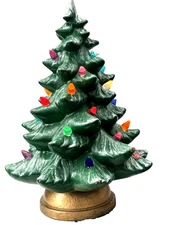 VTG '70s Atlantic Mold Ceramic Christmas Tree Gold Plaster Base 16" Flocked Top