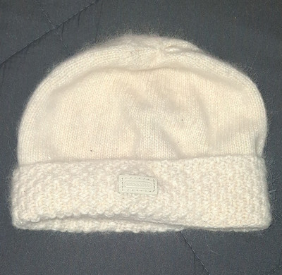 Coach White Wool Knit Beanie Hat, Solid Logo Accent, One Size Stretch