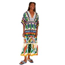 Farm Rio Tropical Parrot Palm Crochet Trim Maxi Dress Multicolor Size GG/ XL