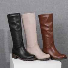 Retro Faux Leather Slouch Knee High Boots Women Chunky Heel Pull On Knight Boots