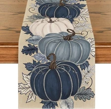 Artoid Mode Blue and White Porcelain Pumpkin Ink 210 GSM Fall Table Runner, Seas