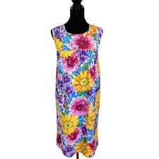 Vtg Womens Floral MuMu Sleeveless Carole Handley Lg Pockets Multicolor Sunflower