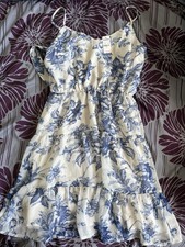 Express Blue White Floral Ruffle Strappy A-Line Dress Sleeveless L Women