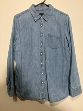 Talbots Denim Top Large Casual Longsleeve Button Up Polished Preppy Rugged