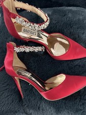Badgley Mischka Red Satin Rhinestone Ankle Strap Stiletto Pointed Toe Pumps