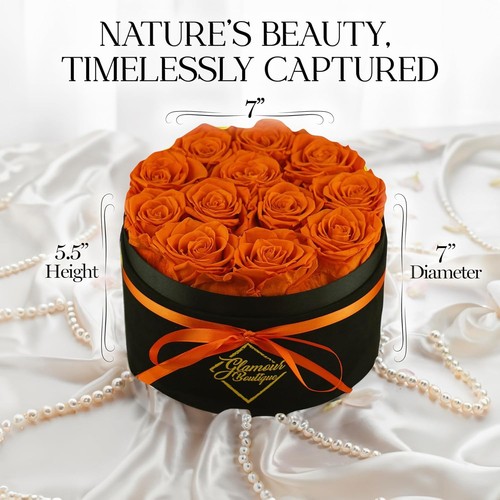 Flowers Forever Gift Box 12 Real Preserved Roses in a Velvet Black Orange-bb - Picture 9 of 9