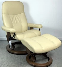 Ekornes Stressless Medium CONSUL Cream Leather Swivel Recliner Chair & Ottoman
