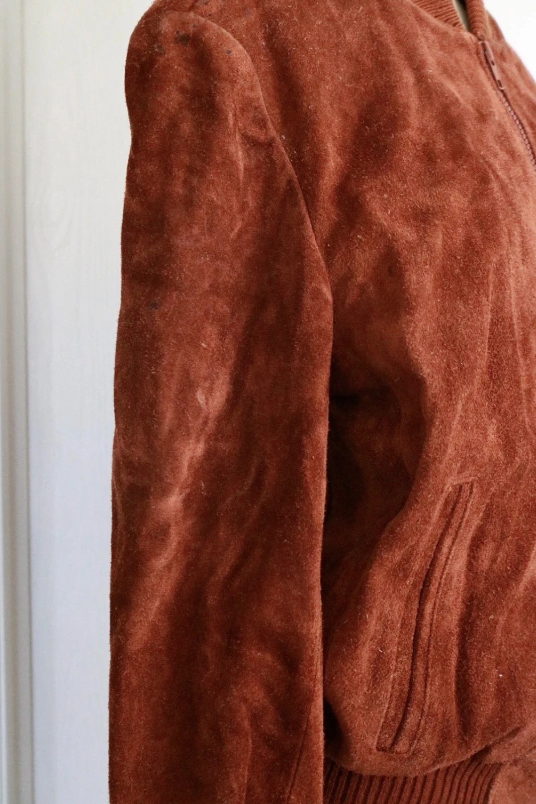 Copper Brown Suede Leather Bomber Jacket Mens Small Vintage Zip Up image 3