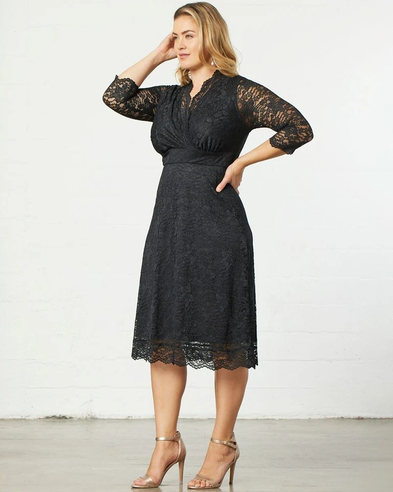 Nuevo con etiquetas Vestido Kiyonna Plus 1X Festoneado Boudoir Encaje Negro Cuello en V Elastizado Forrado Foto 3 de 4