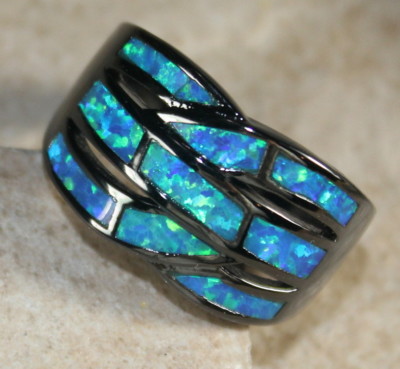 BLACK SILVER Elegant Blue Fire Opal Big Ring Size 8, WR40405