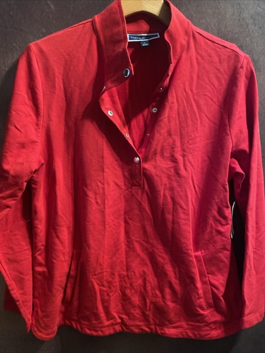 Karen Scott L NWT Snap Neck Top New Red Amore Long Sleeve Pockets Collared 🧡 - Picture 2 of 10