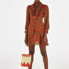 NWT FARM Rio Tucano Paradise Long Sleeve Dress Red Toucans Ruffle L