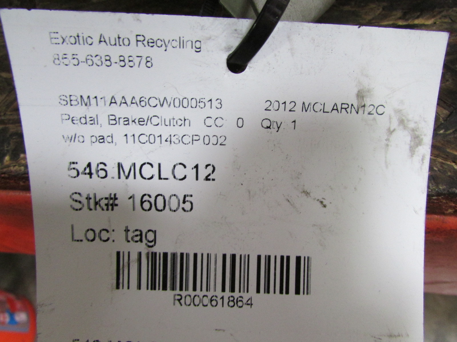 Mclaren MP4-12C, Brake Pedal, Used, Without Foot Pad P/N 11C0143CP.002