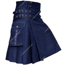 Handmade Cargo Pockets Blue Hybrid Utility Kilts for Men's - Made in Cotton