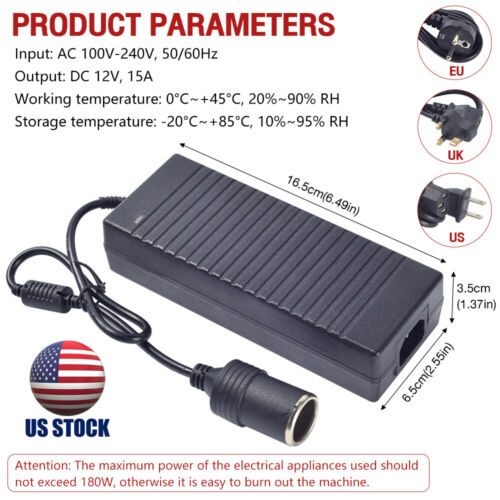 AC 110V-240V to DC 12V 15A Car Cigarette Lighter Converter Socket Adapter 180W