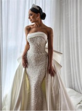 Elegant Pearls Mermaid Wedding Dresses Bow-tie Details Backless Satin Gowns