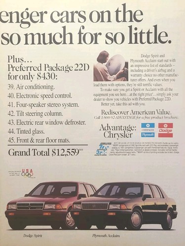 '92 Dodge Spirit Plymouth Acclaim Standard Features Option Vintage Print Ad 1991 - Picture 3 of 6