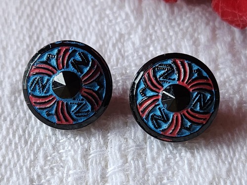 Duo Mini Antique Buttons In Black Glass Painted Blue 1 Cm G11B