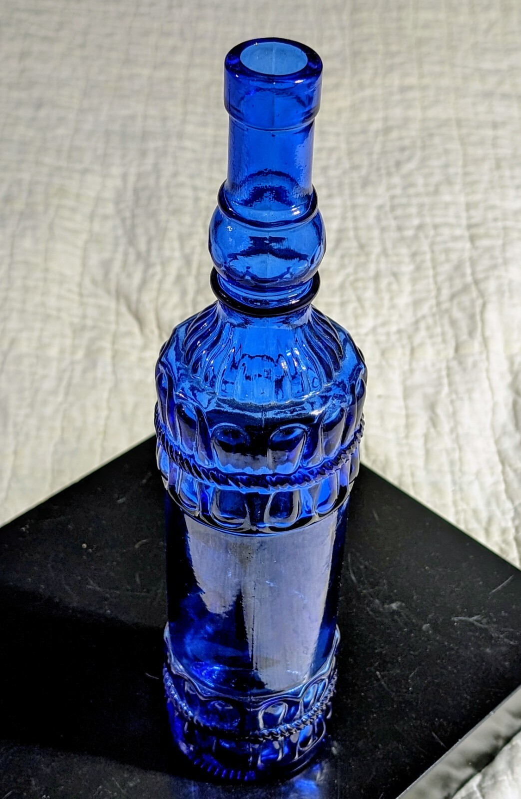 Decorative Blue Glass Bottle Embossed Rope Design Home Decor 12" Collectible Vtg