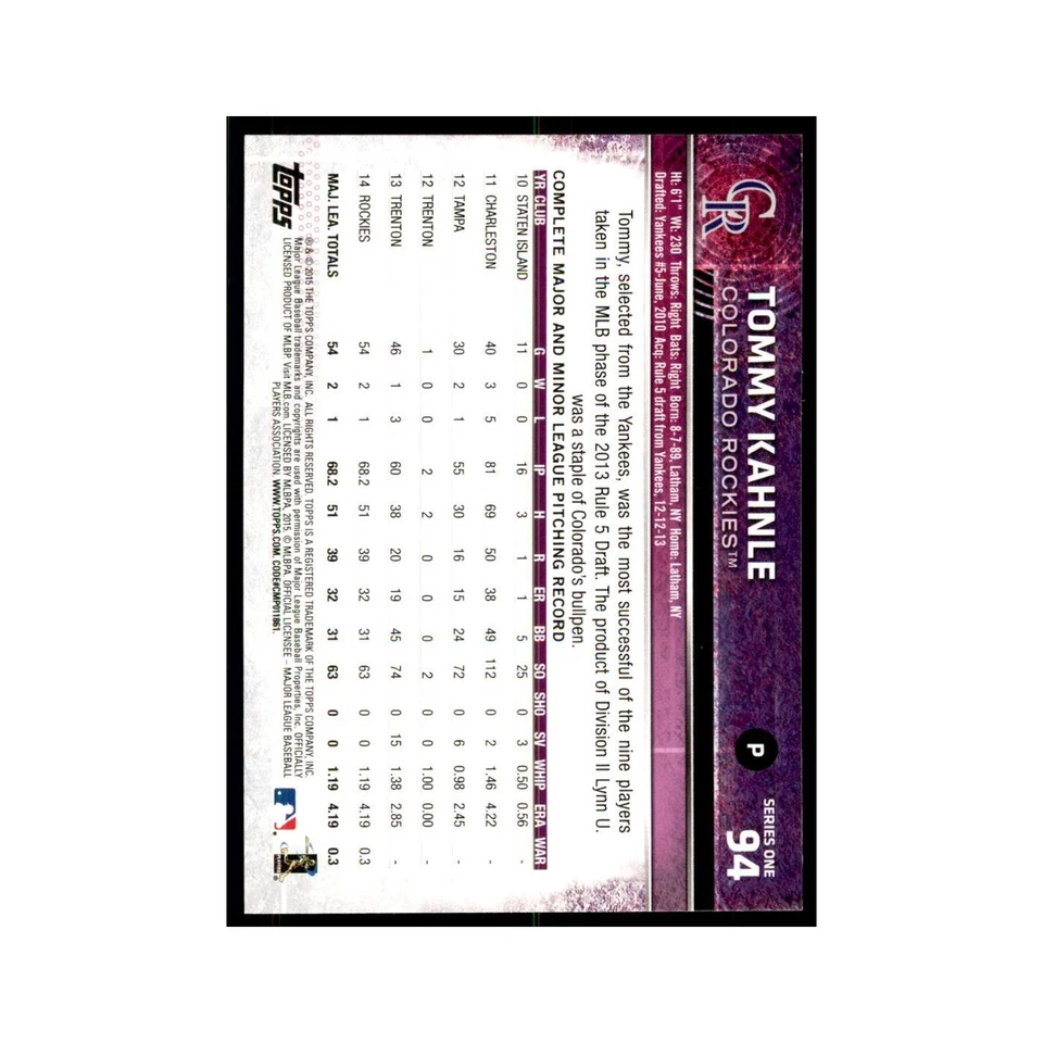 Tommy Kahnle 2015 Topps #94 Baseball Cards Baseball Card NM - Image 2 of 3