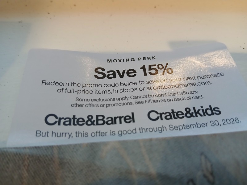Crate & Barrel 15% Off Coupon Expiration 9/30/26