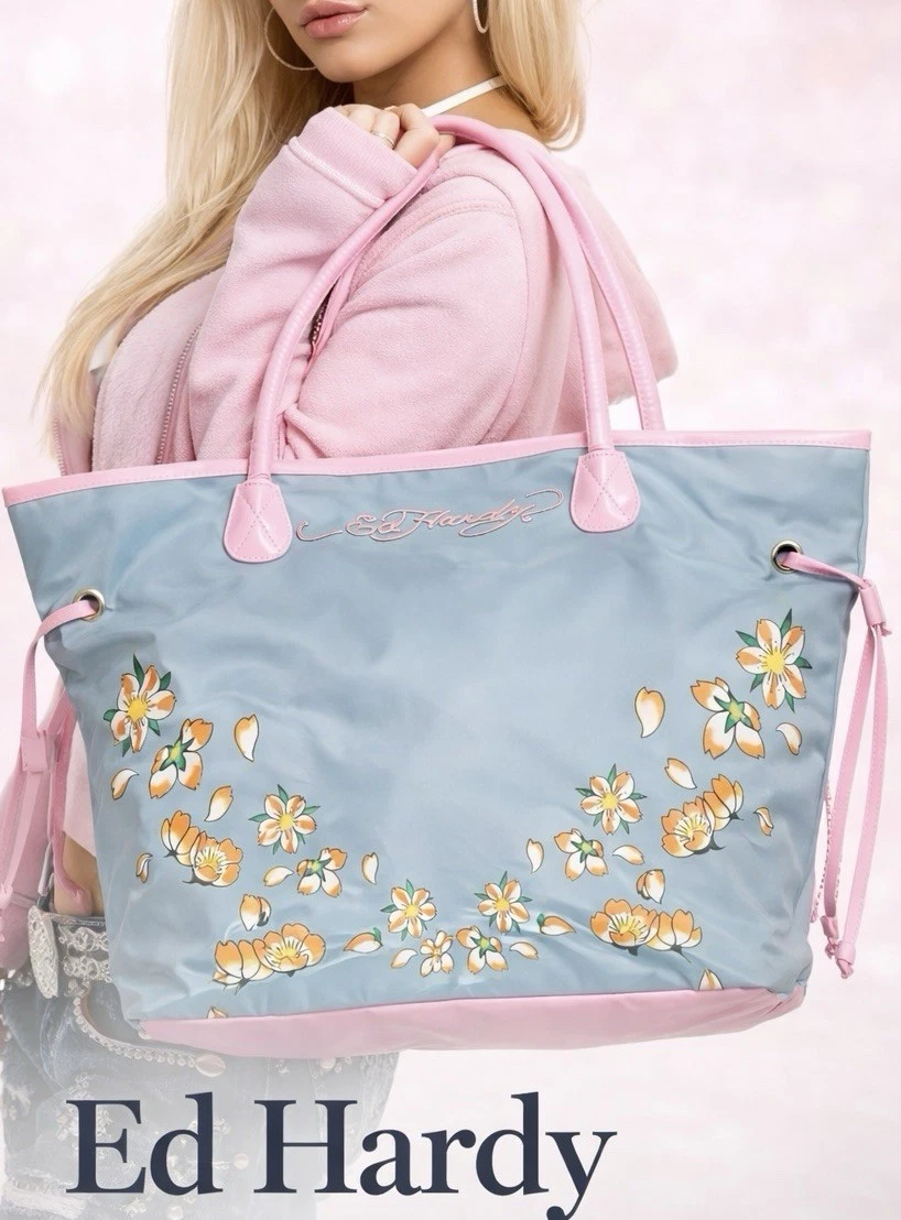 Ed Hardy Tote Bag Blue Pink Floral Large Shoulder Bag Y2K Vintage