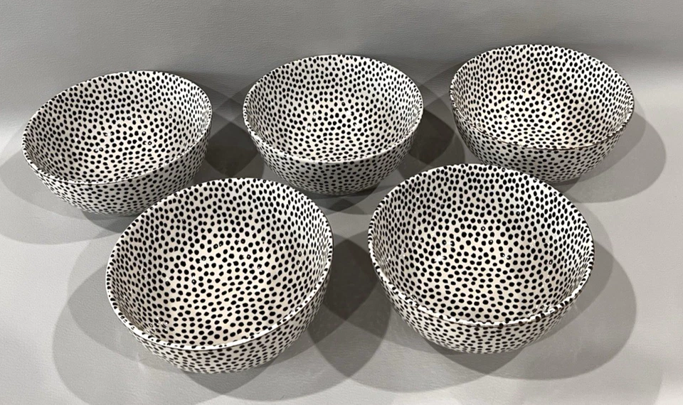 Thyme & Table Dot Soup Bowls-Black & Off White-Ceramic w/Gold Rim-Set of 5 - Image 3 of 4