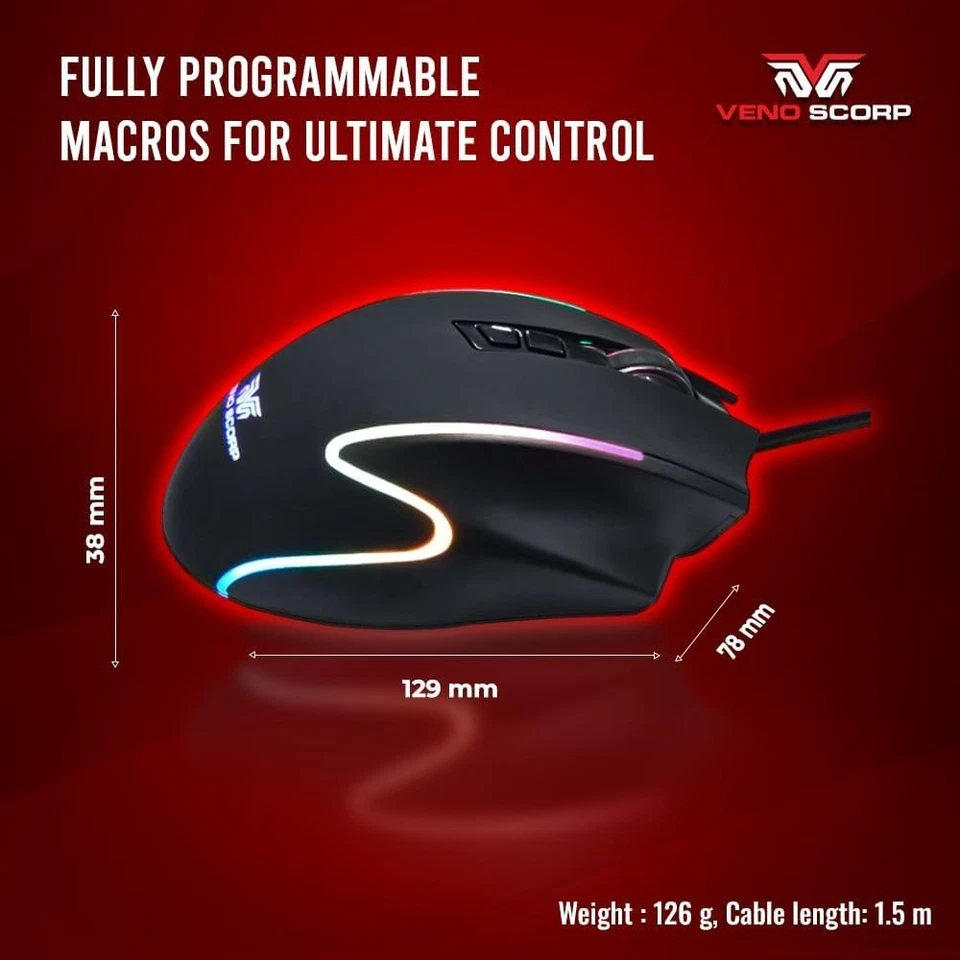 Veno Scorp ViperX RGB Gaming Mouse 12,800 DPI with Customizable RGB Backlighting - Image 3 of 4