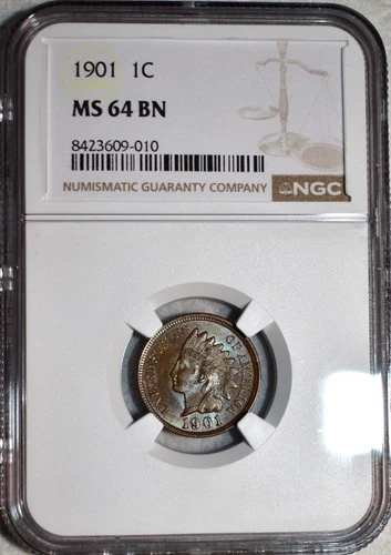 NGC MS-64 BN 1901 Indian Head Cent, Attractively Toned specimen.