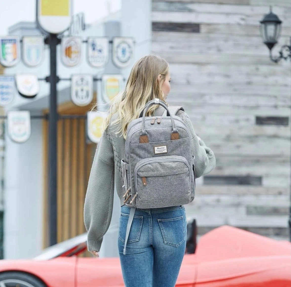 RUVALINO Diaper Bag Backpack w/ Changing Pad, Insulated Pockets – Gray, Preowned