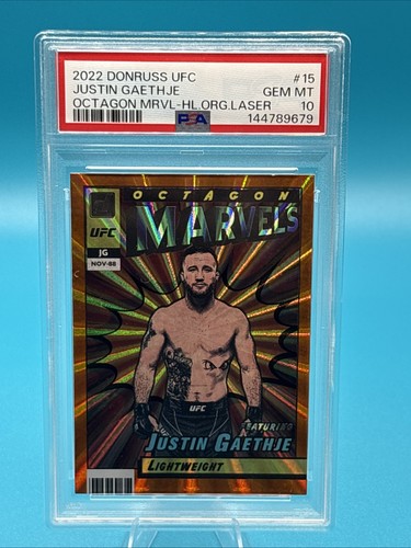 2022 Panini Donruss UFC Justin Gaethje #15 Octagon Marvels Orange Laser PSA 10