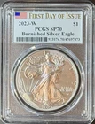 2023-W Burnished $1 American Silver Eagle PCGS SP70 FDOI Flag Label #45227