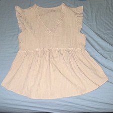 Beige Textured Woven Ruffle Sleeve V-Neck Blouse 100 Polyester Size S