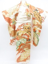 Japanese Vintage Kimono Furisode Silk Gold Embroidery Made in Japan eb-1418
