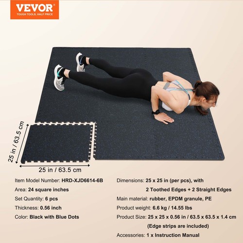 VEVOR 0.56" Thick Gym Floor Mats 6 Tiles Rubber Top with EVA Foam Black & Blue - Picture 7 of 12
