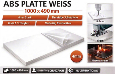 ABS Kunststoffplatte 1000x490x4 Farbe Weiss - Stärke 4mm-Einseitige Schutzfolie