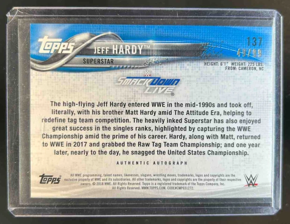 2018 Topps WWE Then Now Forever Jeff Hardy Auto #/99 - Image 2 of 2