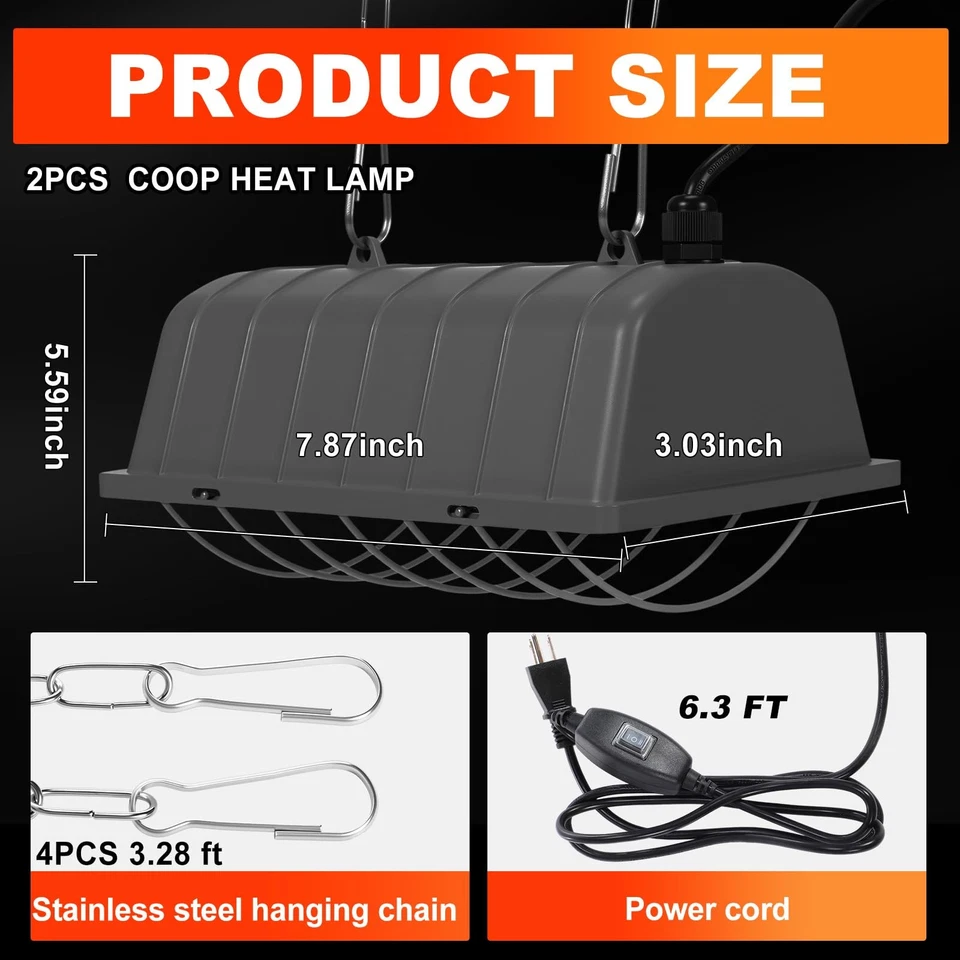 2 Set 250W Chicken Coop Heat Lamp Carbon Fiber Brooder Heater for Pets Livestock - Image 2 of 4