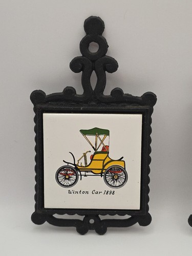 Vintage Made In Japan Set of 2 Cast Iron Tile Antique Cars Wall Hanging Trivets - Picture 3 of 10