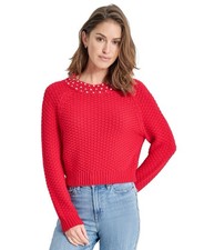  109 DKNY Jeans Petite Embellished Mock-Neck Sweater in Red Lights PS