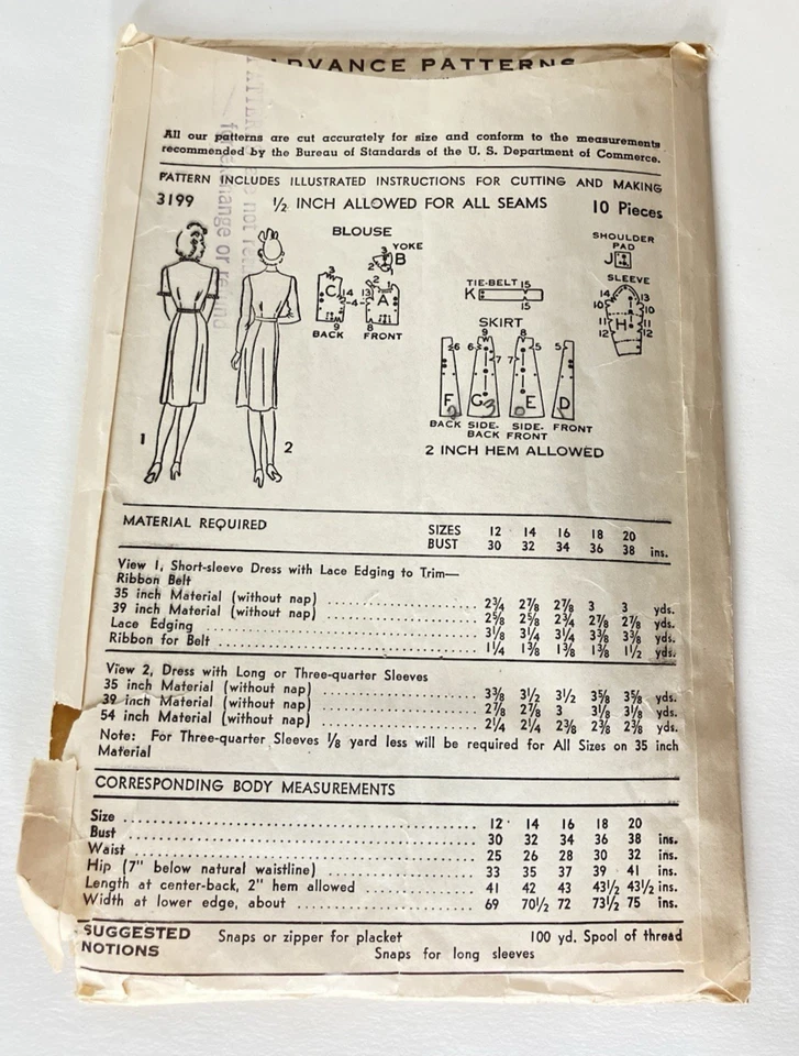 Vestido Vintage Años 40 Patrón Costura Avanzada 3199 Busto 30 Completo SIN CORTAR Raro Foto 2 de 2