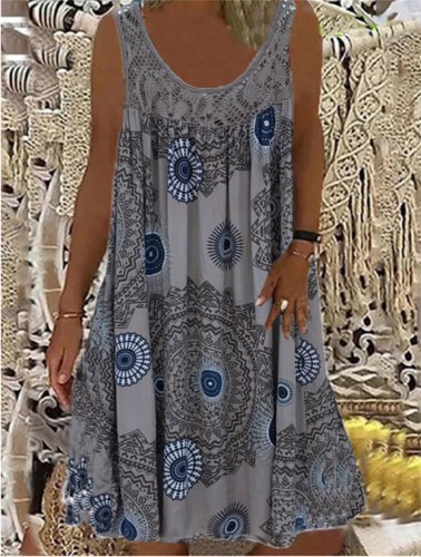 Womens Sleeveless Retro PRINT Summer Baggy Kaftan Lace Loose Top Dress Plus Size - Picture 10 of 25