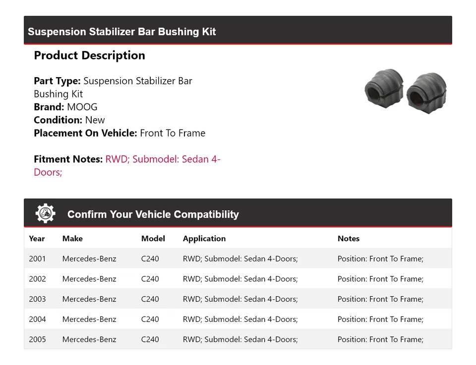 Kit de buje de barra estabilizadora de suspensión MOOG 2001 para Mercedes-Benz C240 2001-2005 Foto 2 de 3