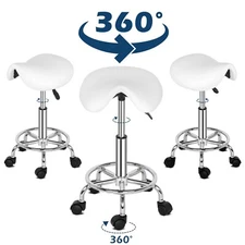 US 360°Rolling Saddle Stool Rotation Bar SPA Massage Studio Chair White W/5Wheel